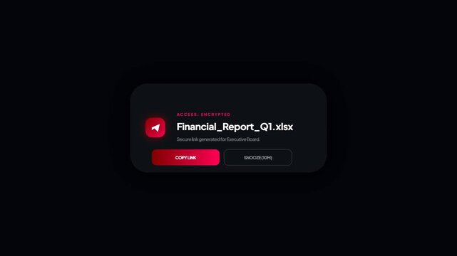 Encrypted File Access Notification Popup with Glassmorphism Style and Red Button for Cybersecurity Dashboard Interface Isolated on Black Background