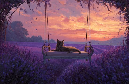 Serene Cat Relaxing on a Swing Amidst a Lavender Field at Sunset.