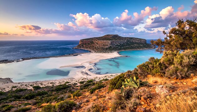 Elevated view of a scenic island connecting to land by a sandbar, under pink-tinged clouds at dusk