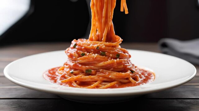 spaghetti pasta twirled on fork with rich tomato sauce on plate, classic Italian cuisine in close up with steam and fresh herbs, appetizing gourmet food presentation