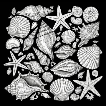 Detailed hand-drawn illustration of various seashells and starfish on a black background. Includes scallops, conchs, murex, and spiral sea snails in a white line art etching style.