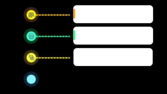 Abstract Infographic Elements with Glowing Circles and Text Boxes on Black Background.