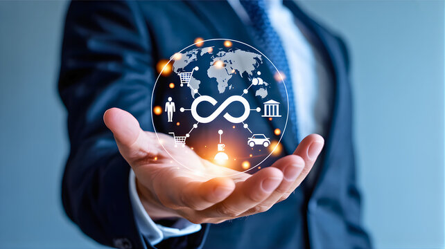 Global business leader presenting a digital sphere of interconnected sustainability, circular economy, and future technology, symbolizing responsible innovation and growth