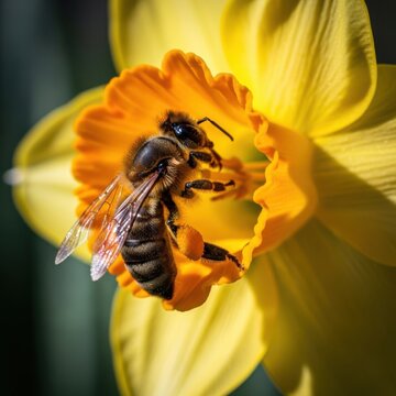 Macro Honeybee Inside Bright Yellow Daffodil Bloom