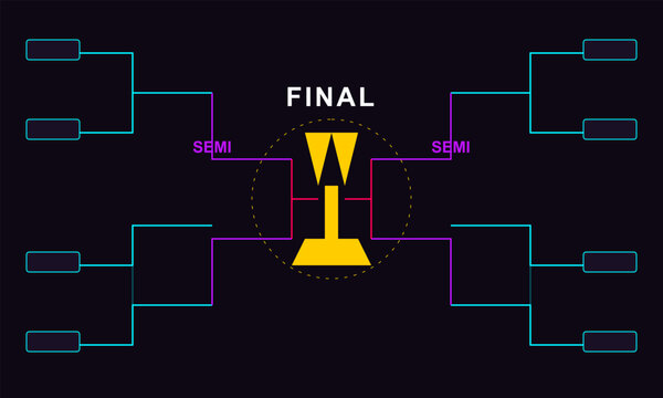 Hand-drawn neon tournament bracket infographic showing competitive playoff stages with a central gold trophy icon in authentic illustration