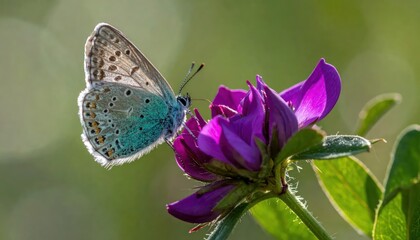 Fototapeta premium Close-up of a delicate blue butterfly perched on a vibrant purple flower in soft sunlight.
