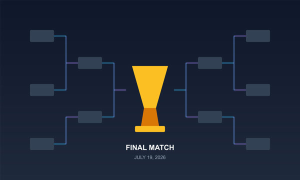 Hand-drawn tournament bracket interface featuring a gold trophy cup on dark background for championship sports events authentic illustration