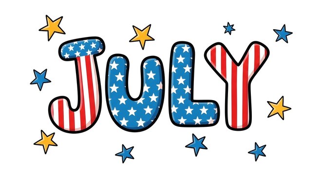 July text with american flag pattern and stars isolated on white background