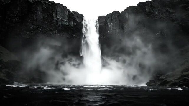 Dramatic monochrome waterfall cascading into a rocky pool surrounded by dark cliffs and mist