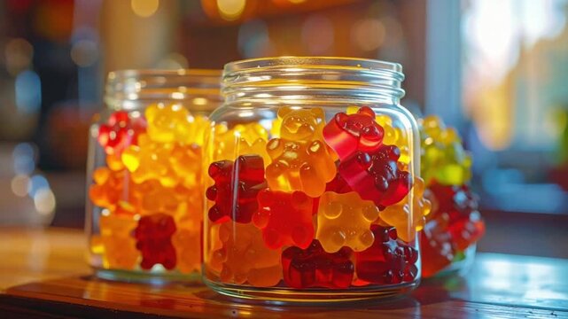 Colorful Gummy Bears in Glass Jars Sweet Candy Snack Delight