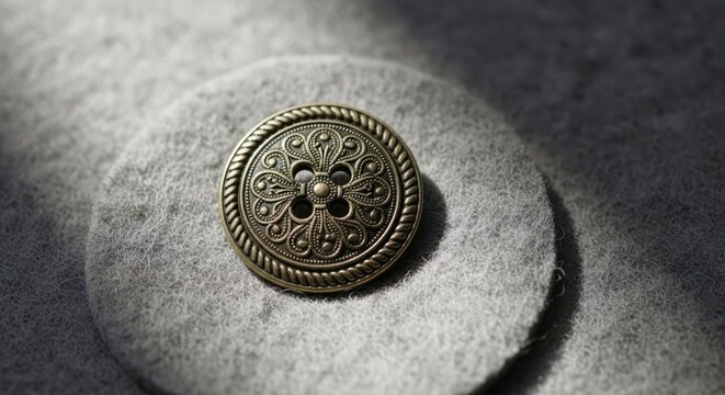 Ornate Vintage Metal Button on Grey Fabric