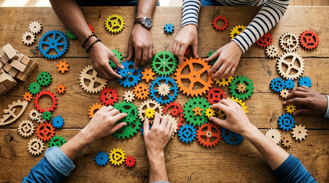 Top down flat lay overhead view of multiple diverse hands collaborating to connect colorful wooden gears and cogs into a complex mechanical system on a desk