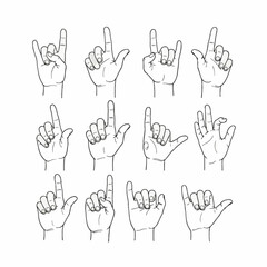 Fototapeta premium Black and white line art illustration of eleven human hand gestures including pointing index finger, rock on sign, OK symbol, and shaka sign, isolated on a white background.
