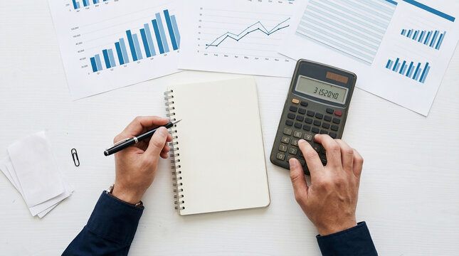 Top down flat lay overhead view of a professional accountant's hands writing notes on a blank pad and using a calculator on a white desk with financial charts