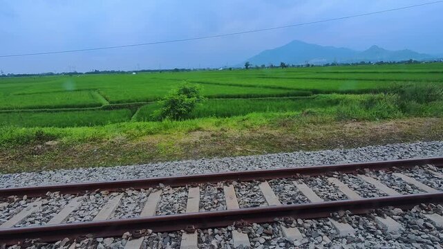 Slow-motion clip showing a train track, consisting of iron rails with concrete sleepers and a gravel stone base, amidst green rice paddies. Steady slow motion in 4K.