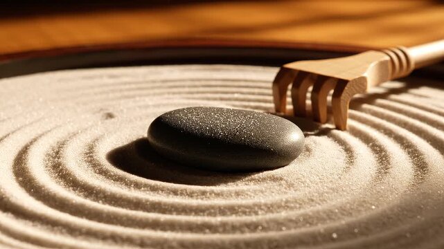 Zen Garden Raked Sand with Stone and Rake Creating Circular Patterns in Sunlight