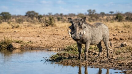 Fototapeta premium Warthog standing by serene savannah waterhole on sunny day