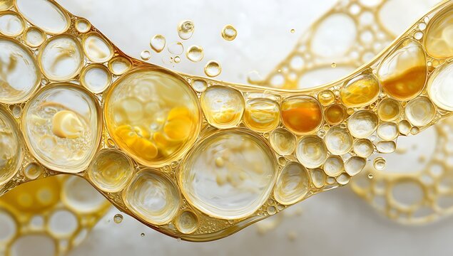 3d epidermis skin layer with hexagon cell pattern and molecule. Gold liquid honeycomb texture with cosmetic oil drop, collagen serum, retinol vitamin, hyaluron essence for moisture. 3D illustration