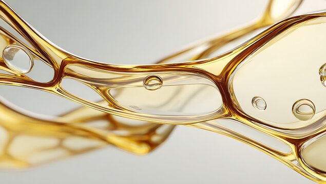 3d epidermis skin layer with hexagon cell pattern and molecule. Gold liquid honeycomb texture with cosmetic oil drop, collagen serum, retinol vitamin, hyaluron essence for moisture. 3D illustration