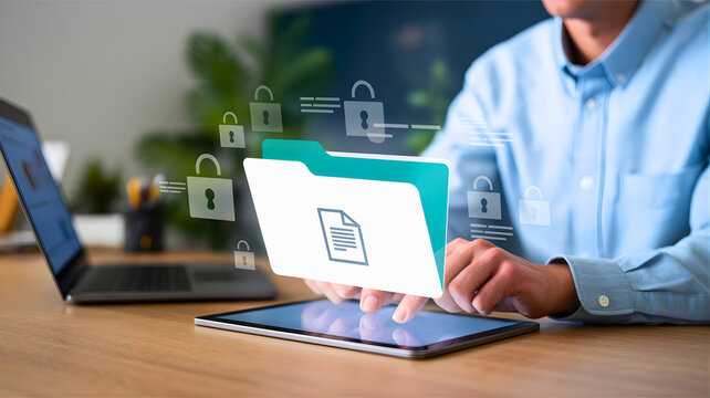 Professional securing confidential digital files in an advanced cloud computing environment, ensuring robust data protection and seamless information management across networked devices