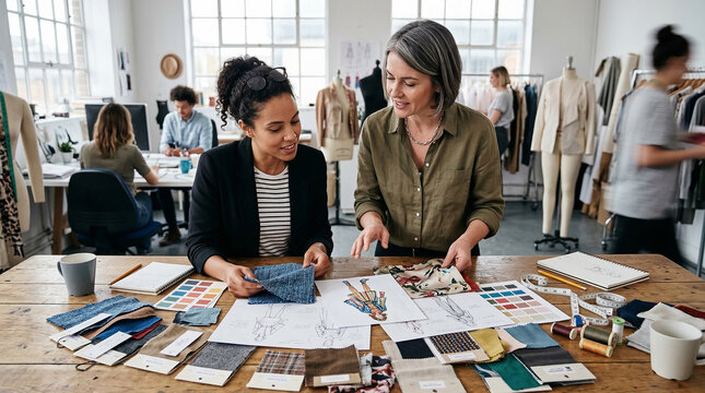 Diverse creative team of professional female fashion designers collaborating and examining various colorful fabric swatches and clothing patterns scattered across a large wooden studio workspace desk