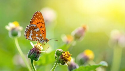 Fototapeta premium Close-up of an orange butterfly resting on a small flower in a sunlit meadow.