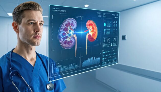Doctor Examining Futuristic Holographic Display of Human Kidney Anatomy.
