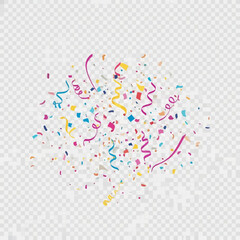 Obraz premium Scattered multicolored confetti and spiral streamers falling in the air. View of paper scraps, ribbons, and serpentine curls in pink, yellow, and blue on a grid background.