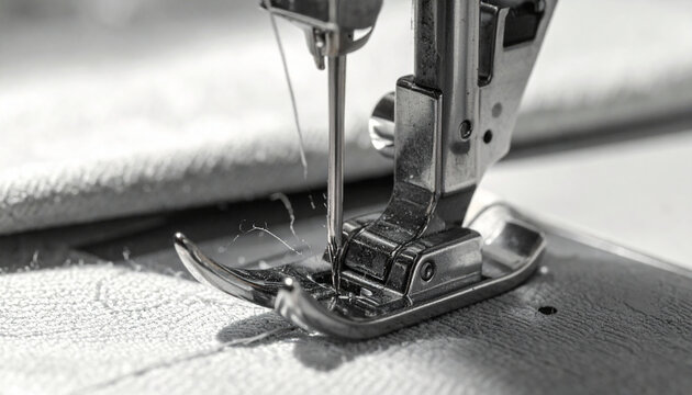 Close up of sewing machine needle in action with fabric detail