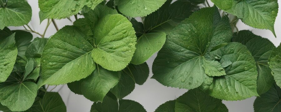 Close-up of isolated green hydrangea leaves on a white background with subtle shadows and texture ,  foliage,  greens