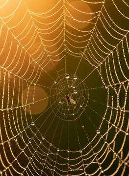 Dew-covered spider web glowing in warm golden light.
