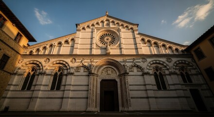 Obraz premium Historic Italian Church Facade with Romanesque Architecture and Ornate Details.