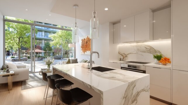 Modern kitchen island and seating overlooks a bright living room with large windows.