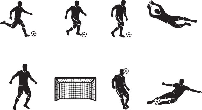 Black soccer player silhouettes, football icons, goalkeeper, kicking, running, jumping, sports graphics, vector set