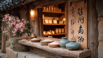 Fototapeta premium Traditional local shop with handwritten wooden signs, ceramic jars, and powders on a rustic shelf, decorated with pink blossoms in a warm, vintage atmosphere.