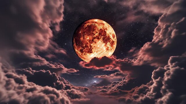 Beautiful Moon in the Skies. Flying Over the Infinite Clouds with the Night Moon Shining Seamless. Looped 3d Animation with Moonlight Over the Horizon. 4k Ultra HD 3840x2160