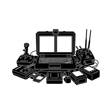 Drone Ground Control Station GCS Dual Monitor Rugged Laptop Setup Vector Silhouette