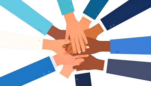 Diverse hands stacked in unity. Animated arms and hands. White background