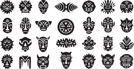 Fototapeta premium Tribal Masks and Symbols in Black Vector Icons