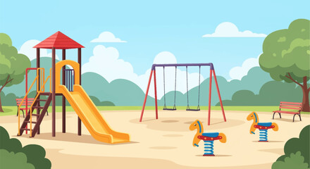 Fototapeta premium Empty children's playground vector illustration with a yellow slide, swing set, horse spring riders, wooden park benches, and green trees under a blue sky with white clouds.