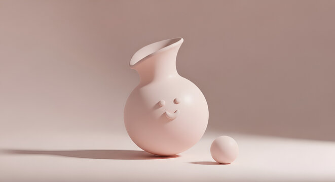 Soft pastel pink vase with subtle face indentations and a small sphere, casting gentle shadows on a seamless muted background, modern interior decor accent
