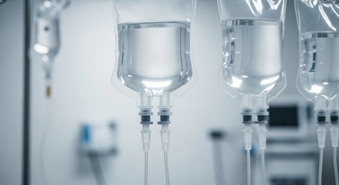 Medical IV bags with clear fluid in hospital setting