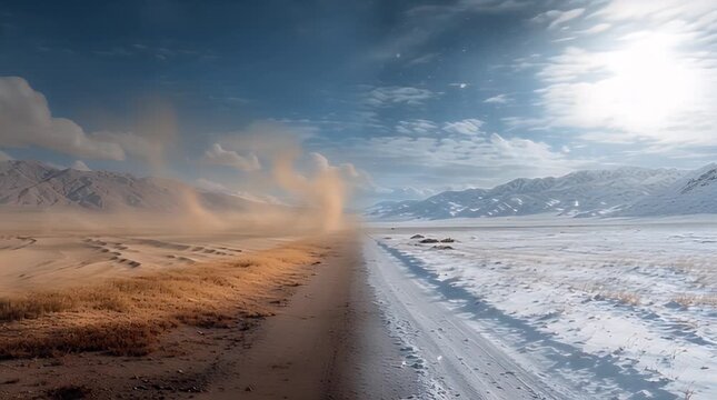 A divided landscape scene featuring a road bisecting snow and desert. Cloud-filled sky with mountains and dust blowing. Sun shines