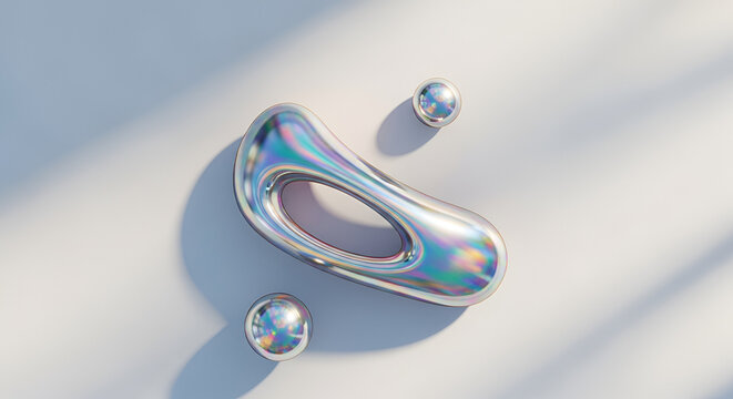 Iridescent metallic balloon sculpture with holographic reflections, abstract fluid shape, studio lighting with soft shadows