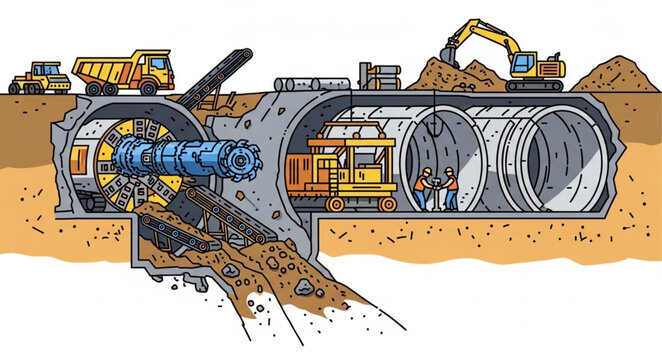 Tunnel Boring Machine Illustration - Underground Construction and Infrastructure.