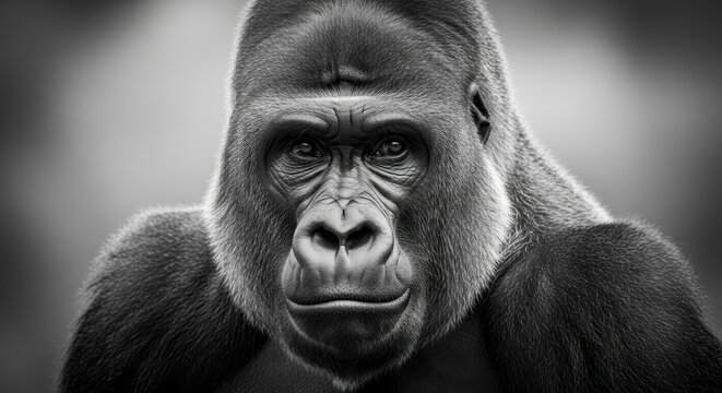 Intense Gaze of a Majestic Gorilla in Black and White.