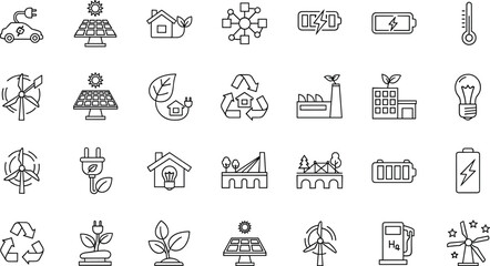 Obraz premium Renewable Energy and Sustainability Icons Set Featuring Solar, Wind, Battery, Recycling, and Green Energy Symbols for Eco-Friendly and Environmental Designs