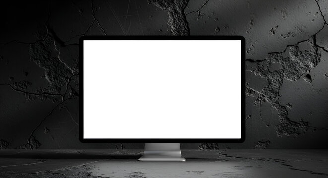 Modern computer monitor with a blank white screen against a dark, textured, cracked wall and floor, offering a sleek display for technology and design concepts