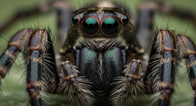 Macro Photography of a Jumping Spider with Striking Green Eyes.