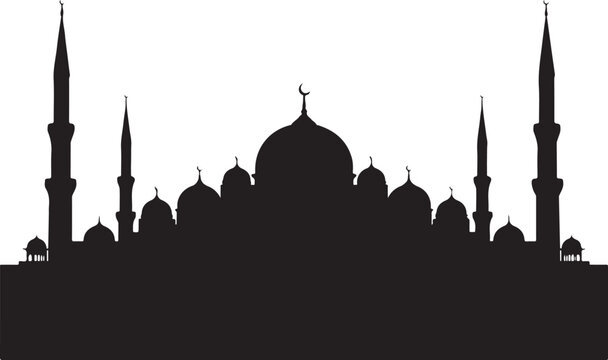Black silhouette of mosque with domes and minarets on white background